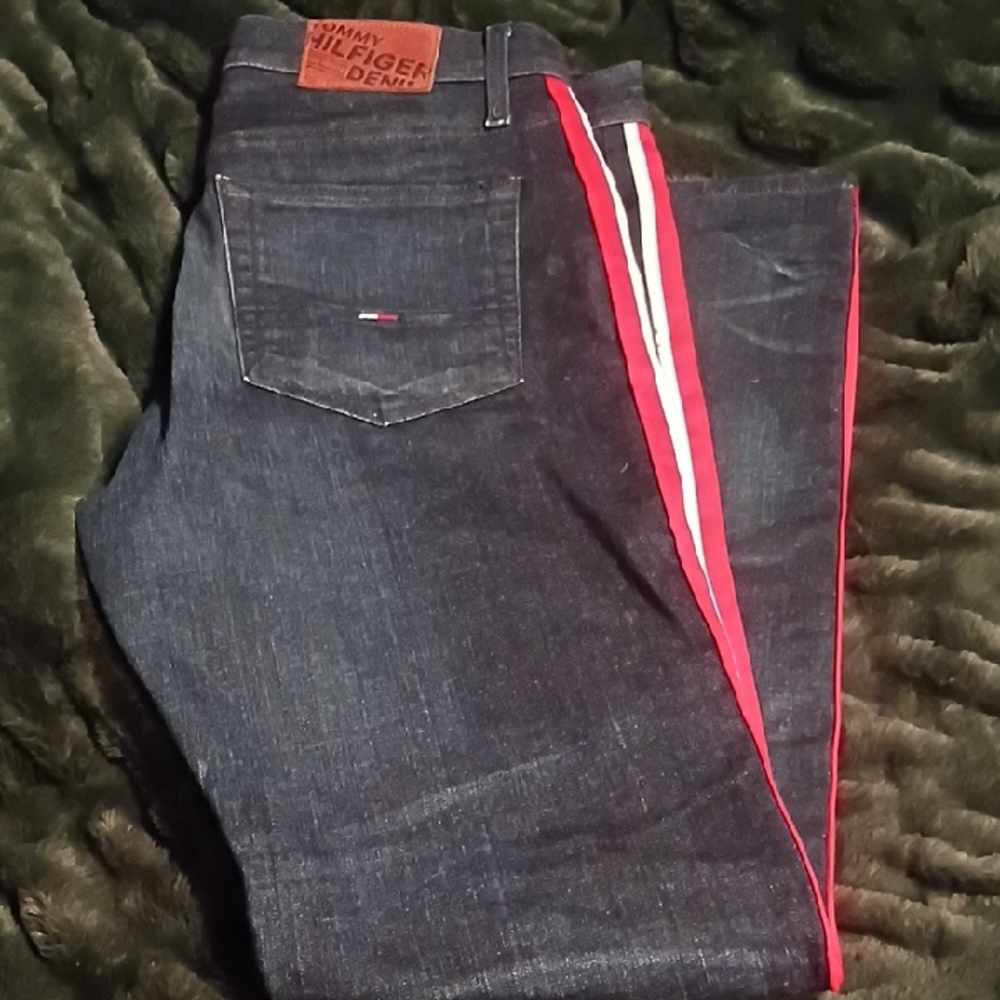 Tommy Hilfiger Men's Dark Blue Jeans with Red and White Stripes